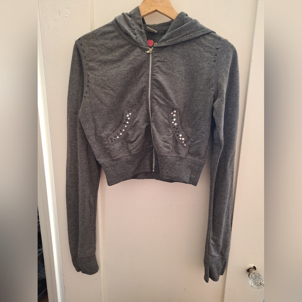 Apollo Y2K Cropped Grey Zip Hoodie – Stud Detail